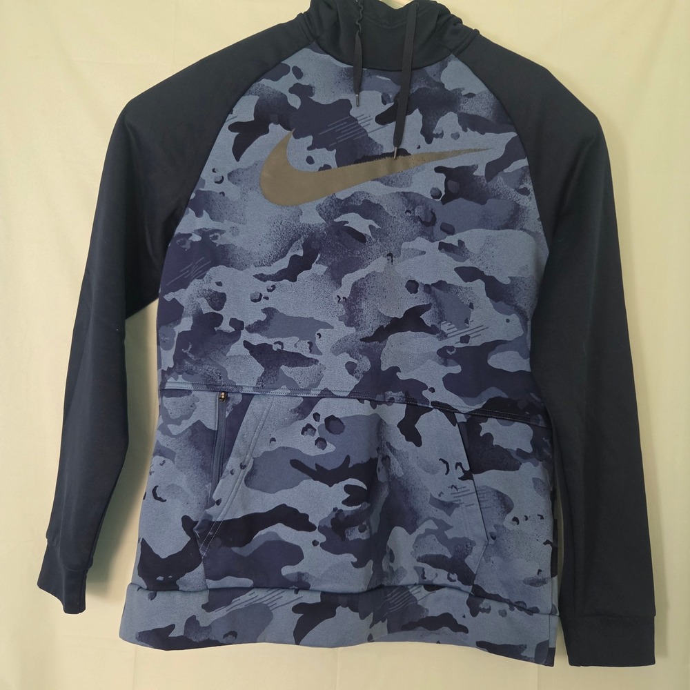 Nike Mens Dri-FIT Camo Hoodie Blue Navy Training Pullover Medium AT7462-410